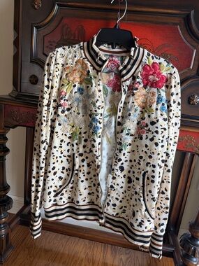 Johnny Was DistressdFloral Embroidered Cream Bomber Jacket with Black Spot Print